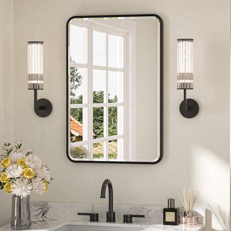 Miroir de salle de bain biseauté avec cadre en aluminium, miroir décoratif mural, verre trempé, 30 po x 20 po, Noir mat