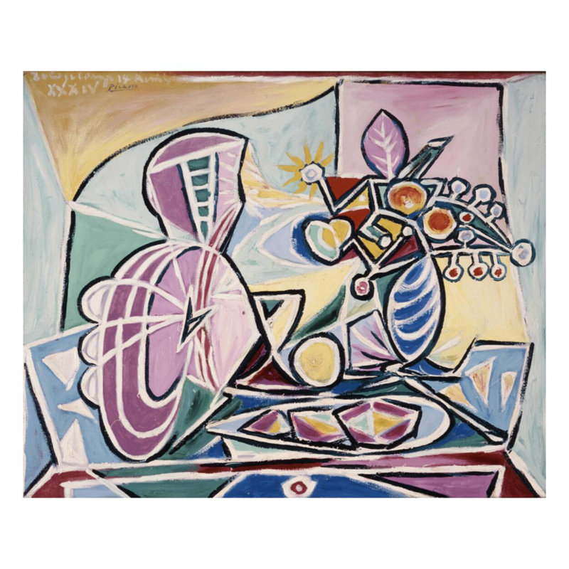 Mandoline et vase de fleurs par Pablo Picasso - Estampe numérique, H 32 po x l 40 po
