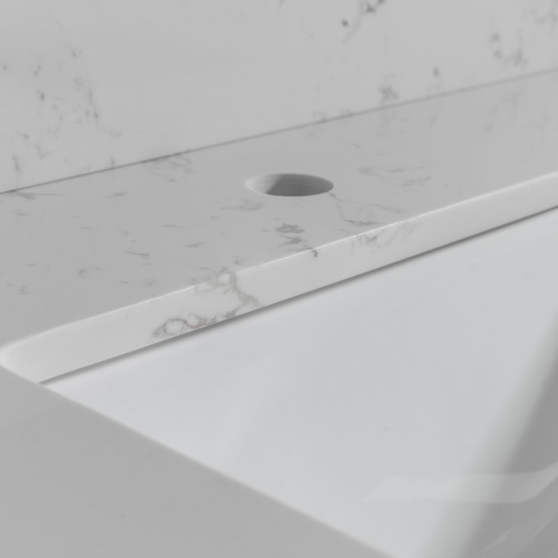 Dessus de meuble-lavabo en pierre de 43 po x 22 po en marbre blanc de Carrare avec lavabo rectangulaire encastré en céramique et trou de robinet simple avec dos, pierre, 1 pièce, comptoir de meuble-lavabo, gris, lavabo en céramique, pierre reconstituée