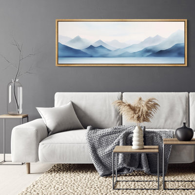 «Minimal Landscape Tranquil Hues Soft Blue Mountain Range», reproduction sur toile encadrée