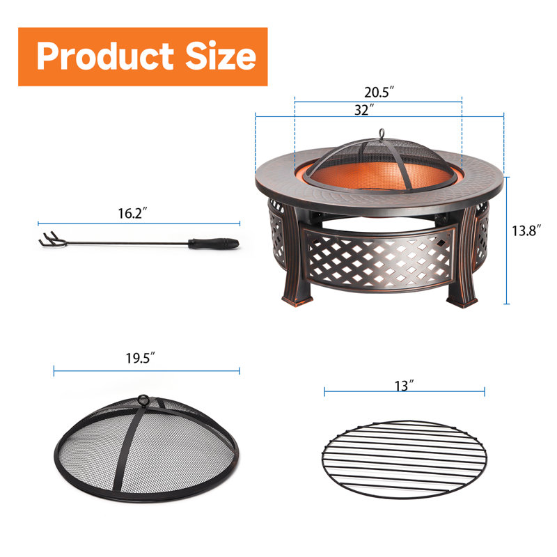 BP4U 32-Inch Outdoor Metal Fire Pit Table, Durable Wood Burning Round Fireplace/Firepit with Steel Bowl, Mesh Lid, Poker, and Cover for Patio & Backyard