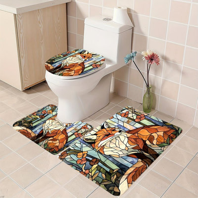 Ensemble de 3 tapis de salle de bain à motif de renard en vitrail orange