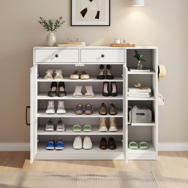 Range-chaussures pour hall d'entrée avec portes et 3 supports ouverts, 4 tablettes de rangement réglables pour le couloir et le salon
