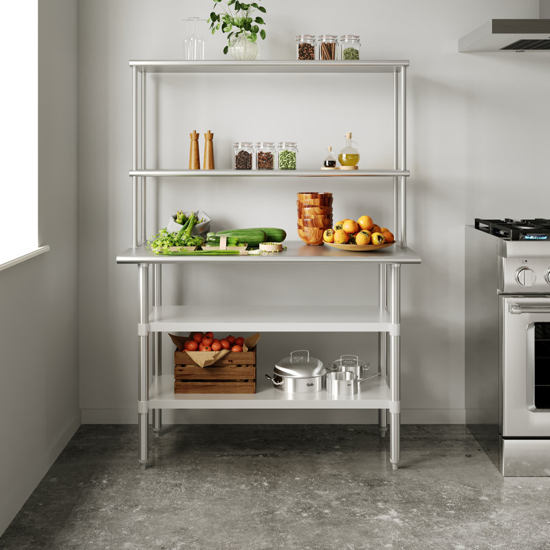 Table de travail commerciale en acier inoxydable avec 2 tablettes et tablettes, H 68 po x L 48 po x l 24 po