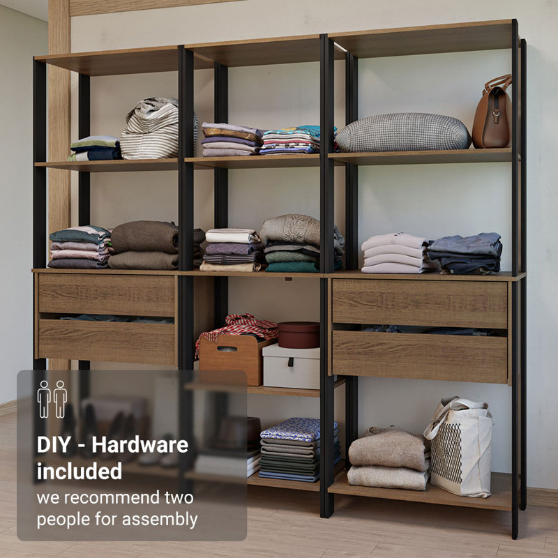 Armoire-penderie modulaire multi-usages pour l'organisation de la chambre à coucher avec 4 tiroirs et 4 tablettes ouvertes Madesa - noir / brun