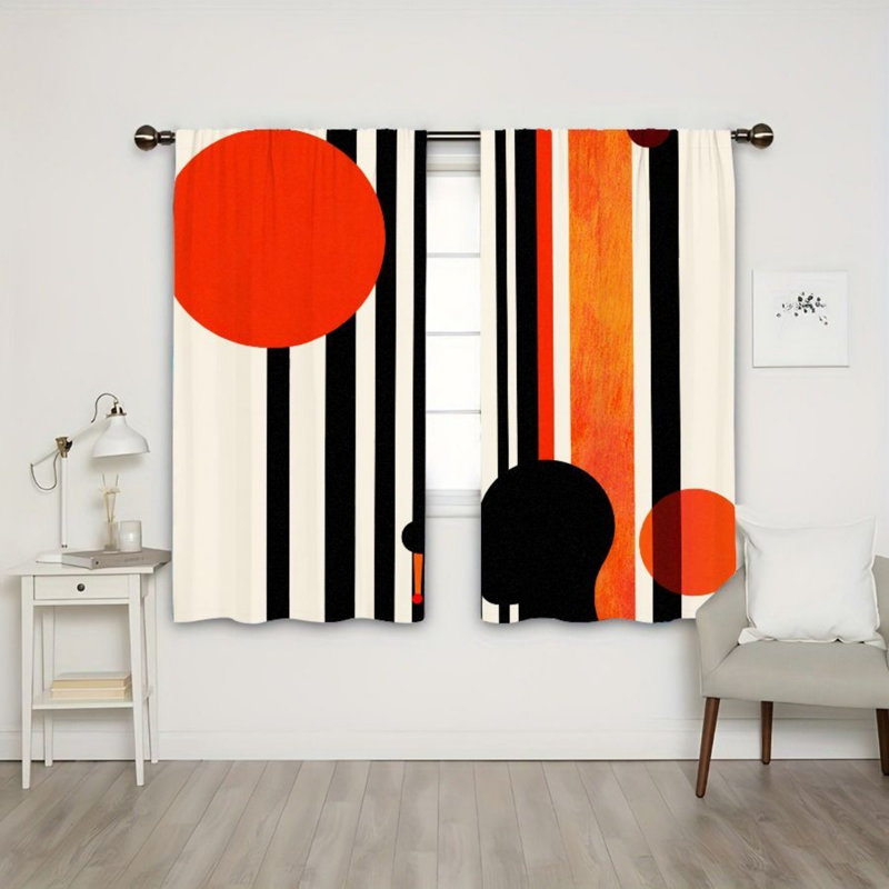 2PCS Modern Abstract Geometric Striped Circles Pattern Light Filtering Curtains for Teen Room Living Bedroom Cabinet Decoration