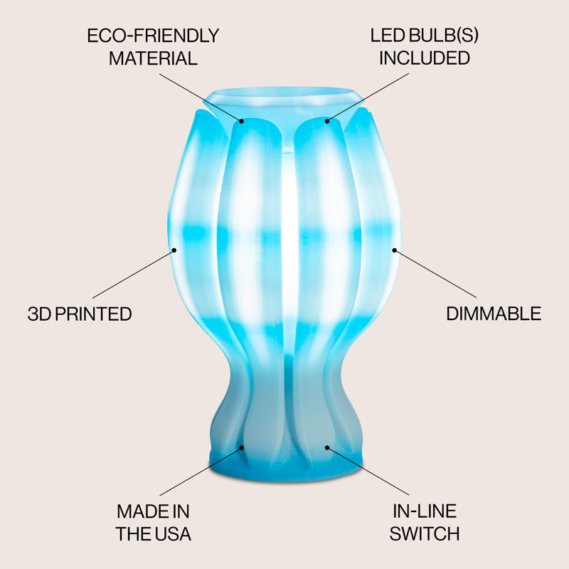 Flower 13" Tropical Coastal Plant-Based PLA 3D Printed Dimmable LED Table Lamp, Blue/White
