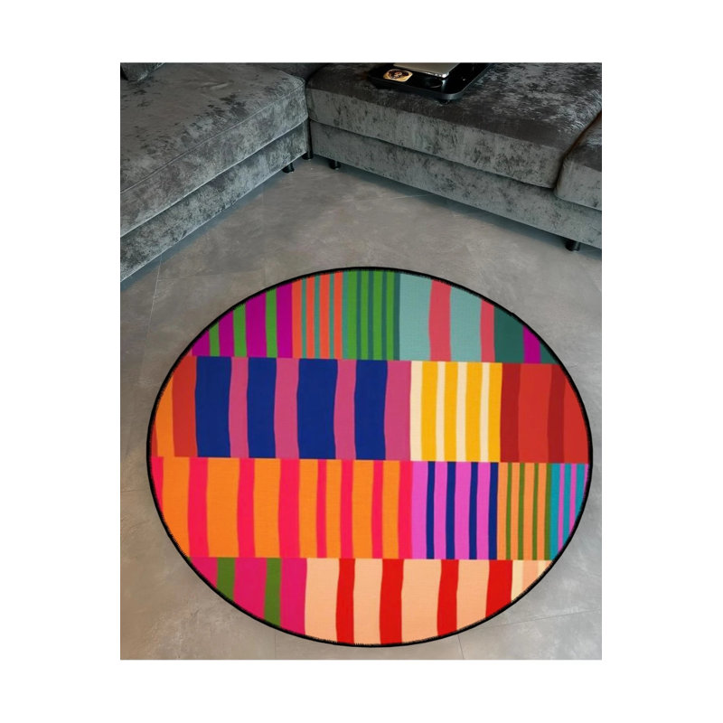 Multicolored Striped Geometric Patterned Round Woven Base Modern Decorative Carpet, Round 2'8"
