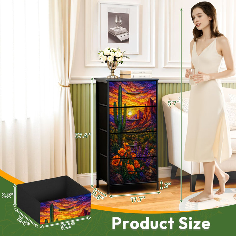 Commode 4 tiroirs pour chambre à coucher cactus vitrail Western Sunset fleur rouge roche désert paysage petite grande commode pour vêtements