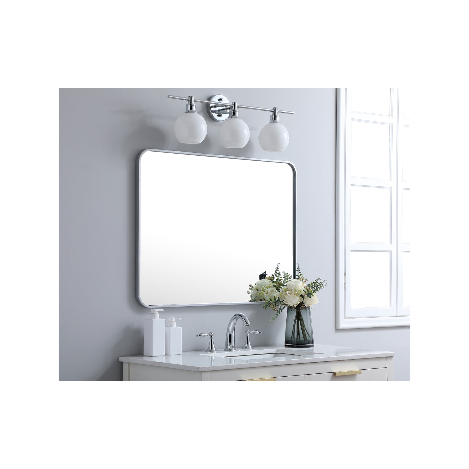 Sabine Metal Rounded Rectangle Wall Mirror, Silver, 36" x 27"