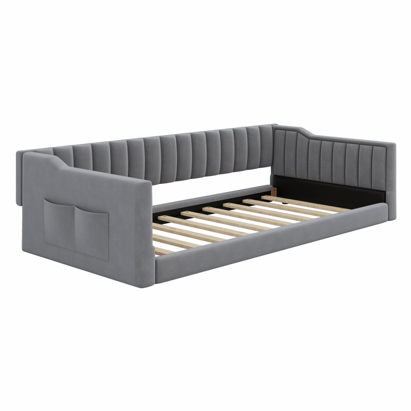 Upholstery Daybed And Side Storage Pocket, Gray, Twin XL