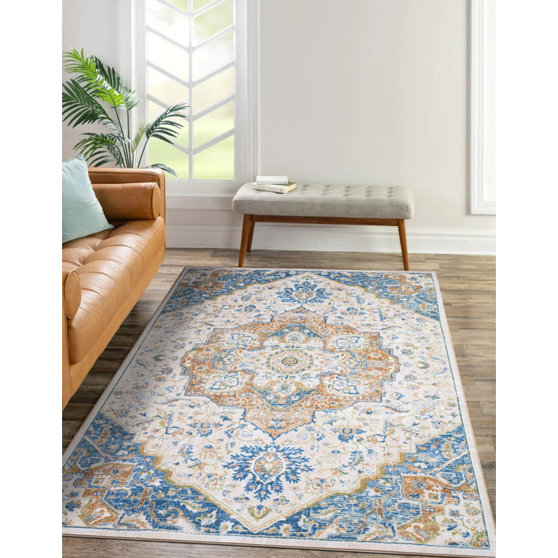 Tapis bleu lavable antidérapant Lyanne, Rectangle 7 pi 10 po x 10 pi