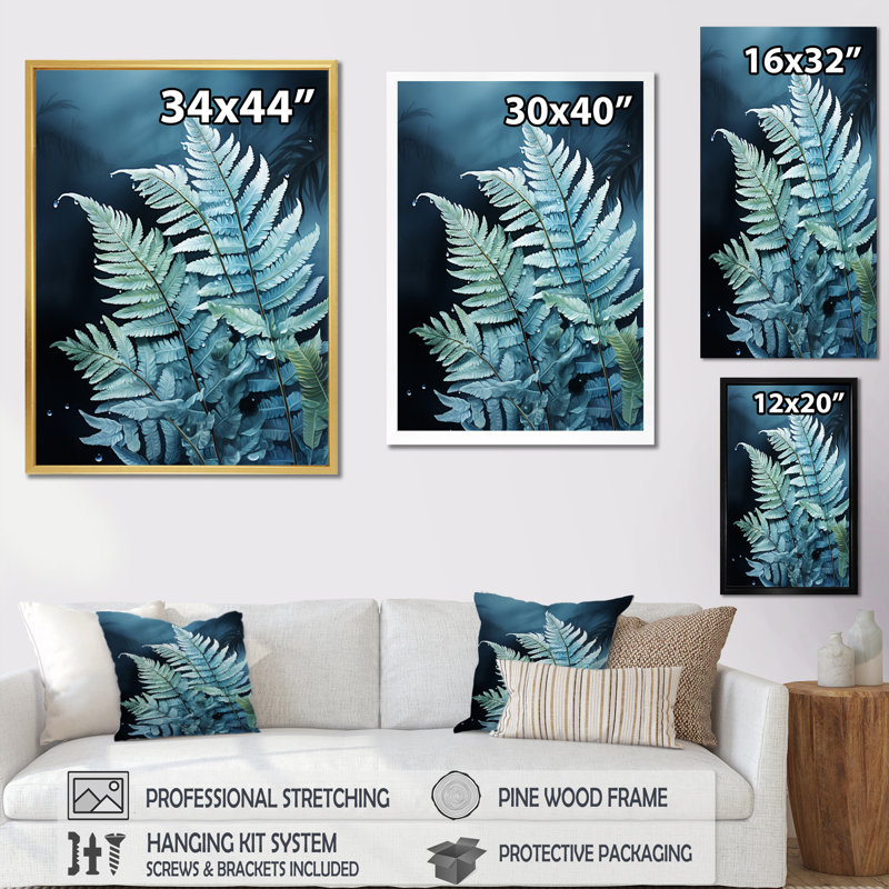 Ferns Turquoise Delight, reproduction d'art sur toile, H 32 po x l 16 po x P 1 po, Encadrement doré