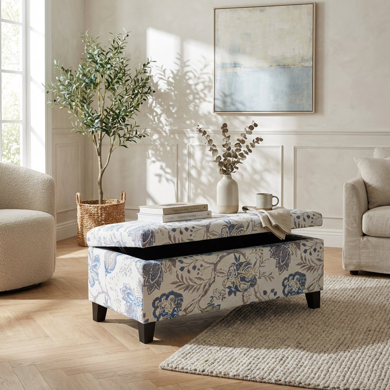 Élégant repose-pieds de rangement rembourré floral avec compartiment caché, charnières à fermeture en douceur, repose-pieds et siège multifonctionnels, couvertures et coussins