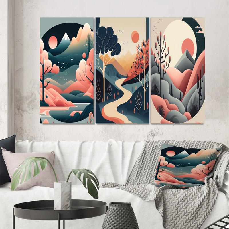 «Full Red Moon Over The Mountains», 3 pièces sur toile, Toile tendue, H 32 po x l 48 po
