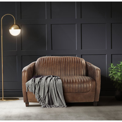 Retro Brown Grain Leather & Aluminum Loveseat