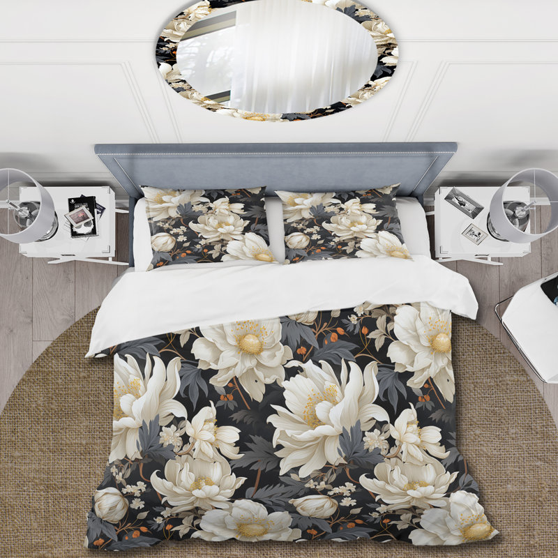 Ensemble de housse de couette White Peony Paradise II, Housse de couette pour grand lit et 2 taies décor