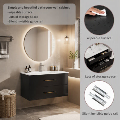 Meuble-lavabo mural noir brillant 36 po avec lavabo combiné, double tiroir, lavabo en céramique, longue poignée en métal doré, installation facile, noir brillant