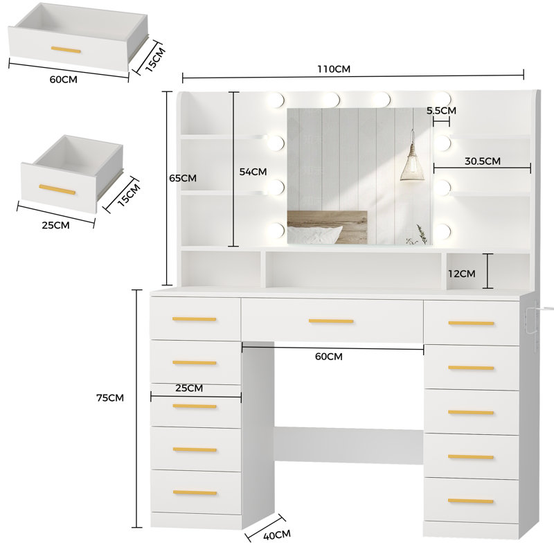 Elowen 110cm Dressing Table with 11 Drawers, Sockets and Hair Dryer Rack, Usb Sorts, Led Mirror