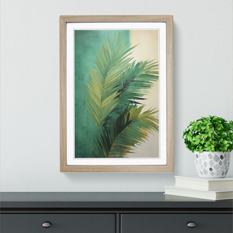 Palm Leaf Gestural - Single Picture Frame Print on Wood, Oak Framed, 46cm H x 34cm W x 2" D