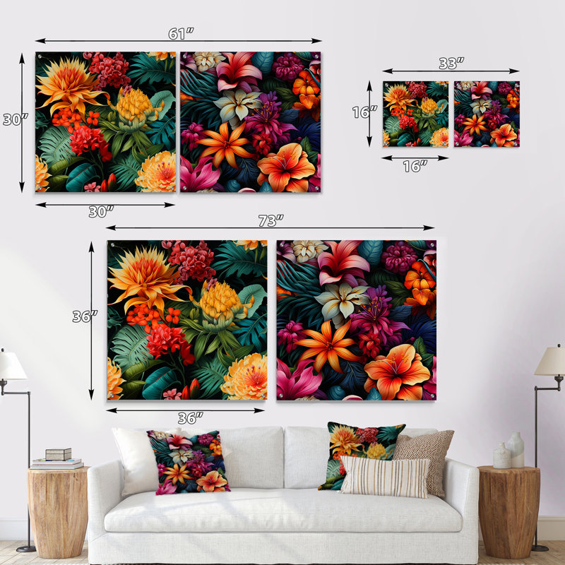 Jungle Splendor - motif tropical - ensemble d'art mural en verre acrylique Coastal, H 36 po x l 73 po