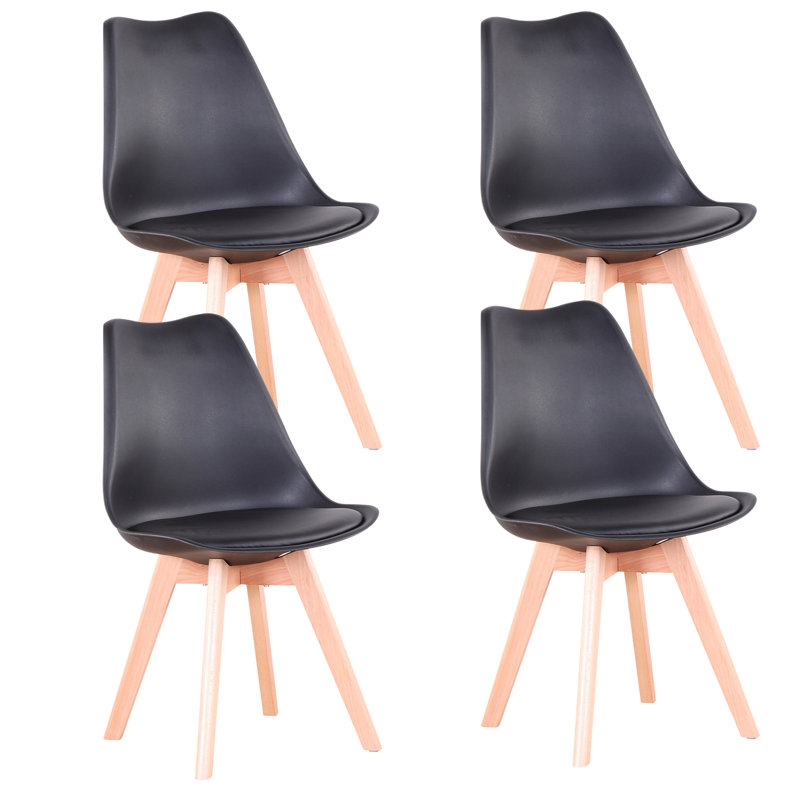 42.5cm Modern style Dining Chair, Padded Plastic Side Chair with Solid Wood Legs, Black, 4