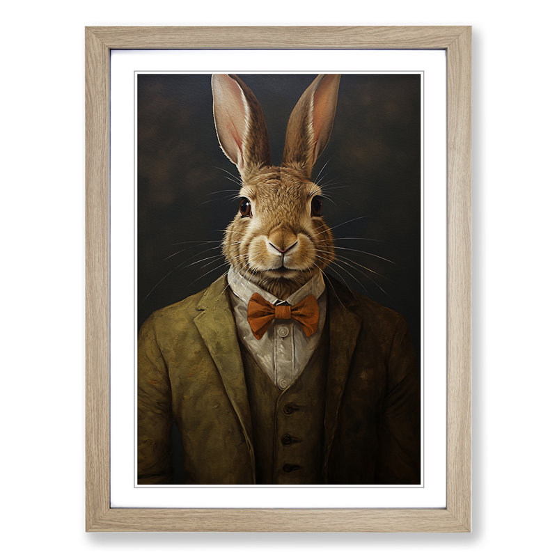Hare In A Suit Painting No.3 - Single Picture Frame Print on Wood, 34cm H x 25cm W, Oak Framed
