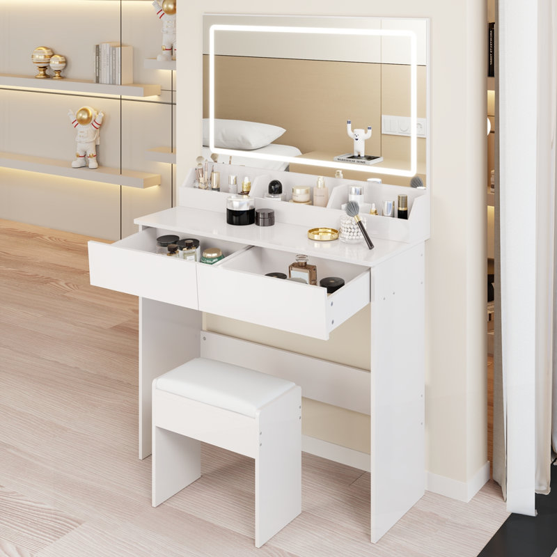 Très grande coiffeuse à miroir 31 po x 20 po à DEL avec tabouret à coussin moelleux