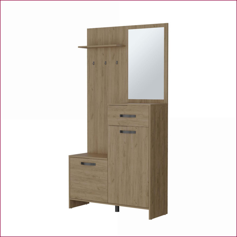 Portemanteau avec rangement Miroir, arbre d'entrée moderne en chêne naturel | Panneau de particules | Espace de vie principal