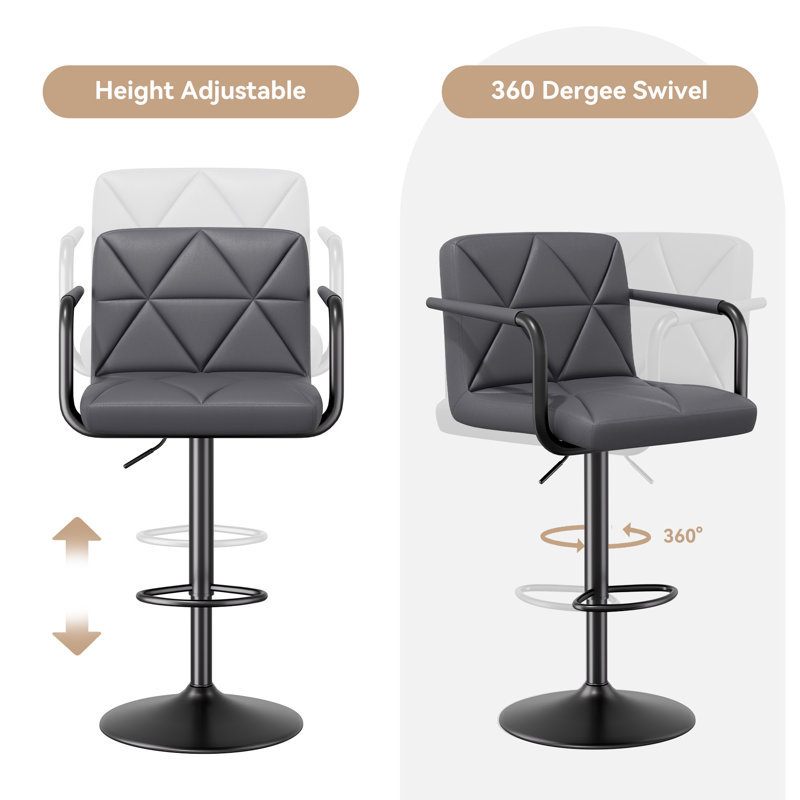 Upholstered Adjustable Height Counter Stool with Metal Frame, Dark Grey