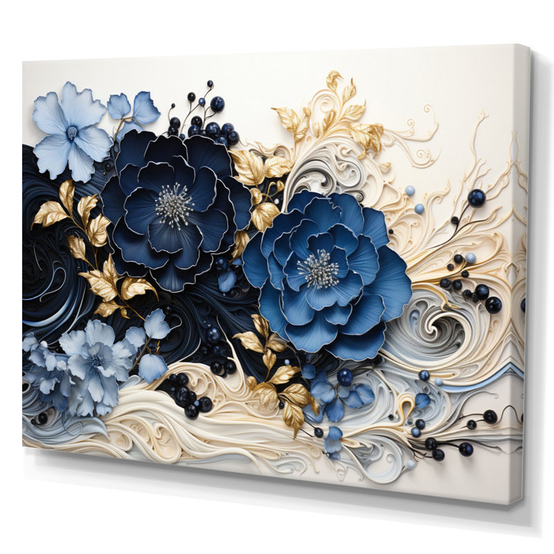 Encre bleue bleue WildFloers, encre liquide I - fleurs modernes, Sans cadre, H 34 po x l 44 po, Wrapped Canvas