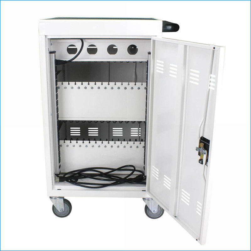 Chariot de charge mobile pour ordinateurs portables 31 + 4 tablettes avec verrou et amp; Clé, roulettes, barrettes d'alimentation UL | Blanc neige | Acier