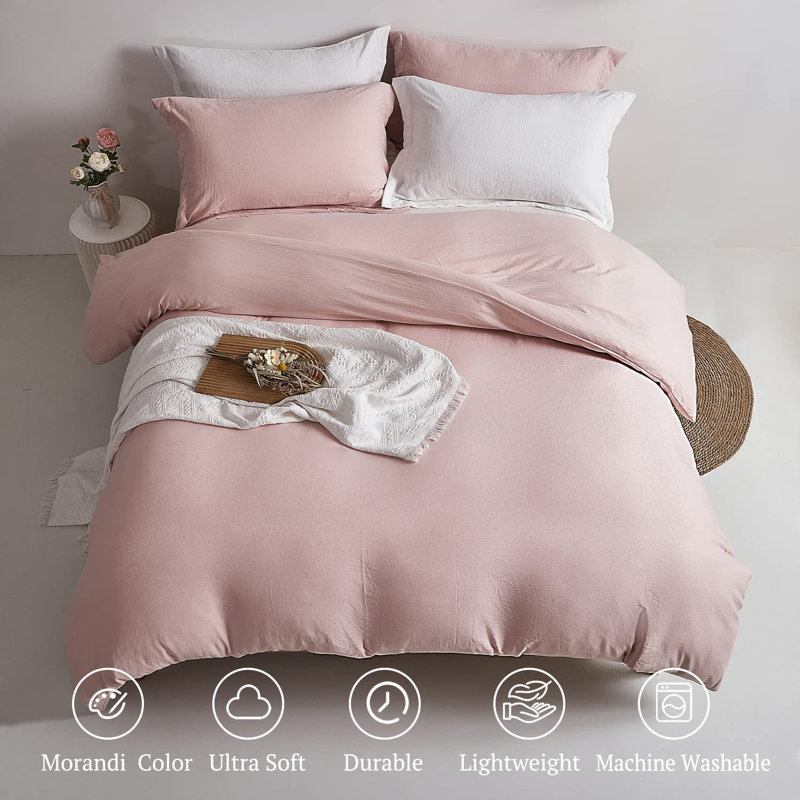  Ensemble de housse de couette en microfibre de satin de coton, Rose, Housse de couette double et 2 taies décoratives s