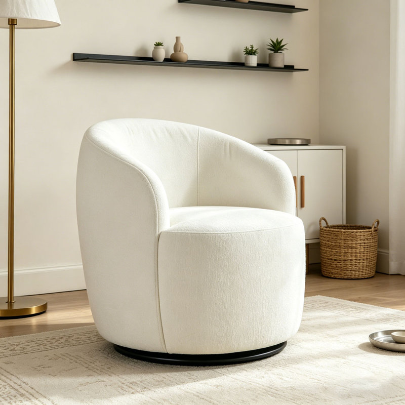 Swivel Accent Armchair Barrel Chair With Black Powder Coating Metal Ring, Ivory Chenille