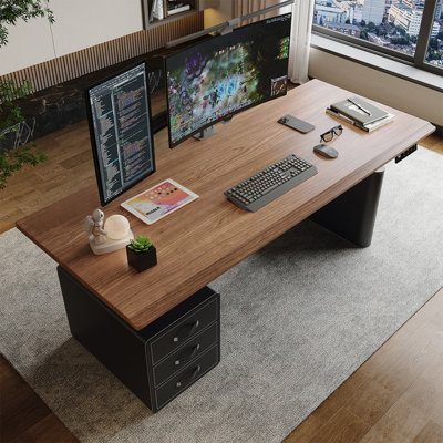 Bureau à 3 tiroirs brun noisette + réglable en hauteur massif noir + bois manufacturé + acier au carbone