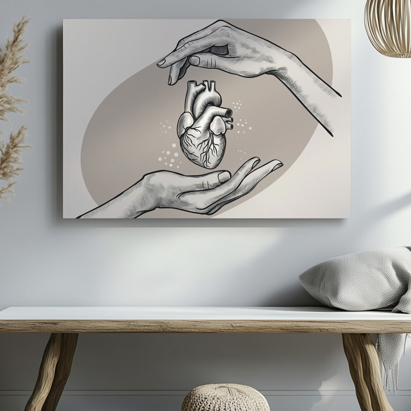 Toile, composition minimaliste mettant en vedette deux mains délicatement détaillées se rapprochant de l'art mural