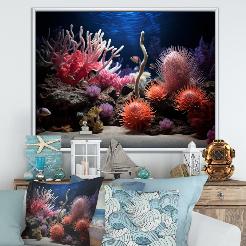 «Vibrant Coastal Coral Beauty», reproduction d'art sur toile, H 34 po x l 44 po x P 1,5 po, Cadre flottant blanc