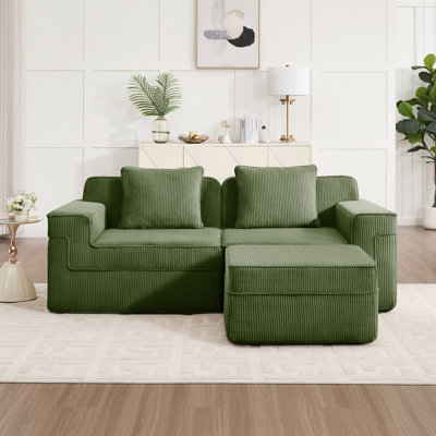 Modular 2-seat L-shaped Sofa, Cloud Couch With Plush Corduroy, Movable Ottoman & Throw Pillows, Deep Seat Comfort, Green