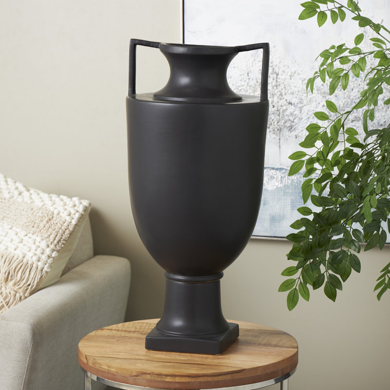 Vase décoratif en forme d'urne cannelée en céramique noire avec poignées, Noir