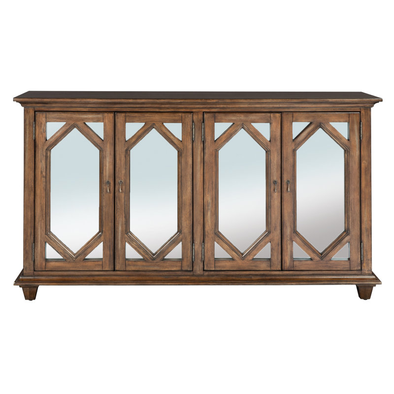Nut Brown Acacia Entertainment Console with Mirrored Door Frets
