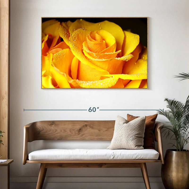 Rose jaune rosée, Cadre flottant en bois naturel, 46 po x 31 po