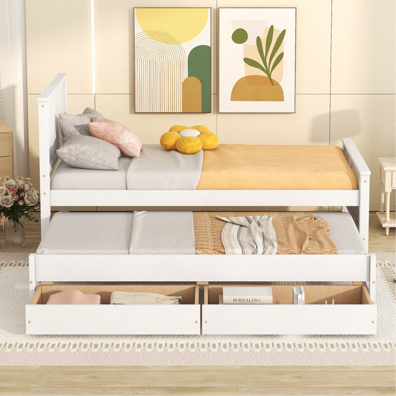 Twin Size Platform Bed With Trundle And Drawers, White