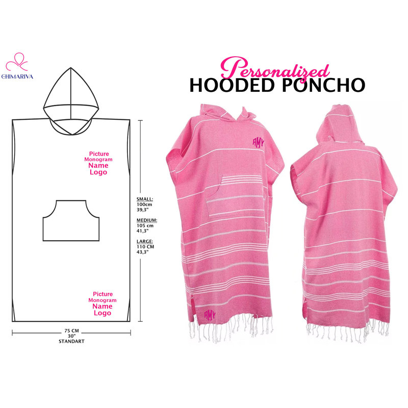Personalized Hand-Woven Turkish Cotton Hooded Beach Poncho for Adults with Custom Embroidery or Print, M/L