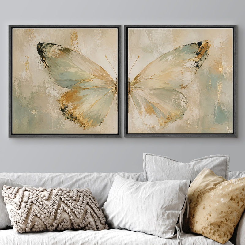 Doux papillon diptyque avec tons neutres et élégance délicate, ensemble de 2 reproductions d'art sur toile encadrées