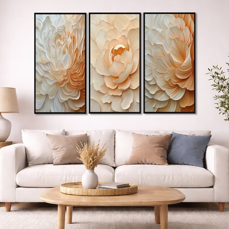 Blush of Dawn - pivoine beige - décoration murale encadrée de pivoines 3 pièces, Black Floater Framed, 32" H x 48" W