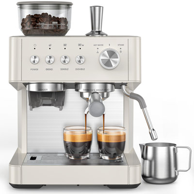 Cowsar Espresso Coffee Machine with 15-Bar Pump, Built-in Grinder & Milk Frother, One-Touch Cleaning for Home Baristas, Complete Kit Included,Coffe Maker,White
