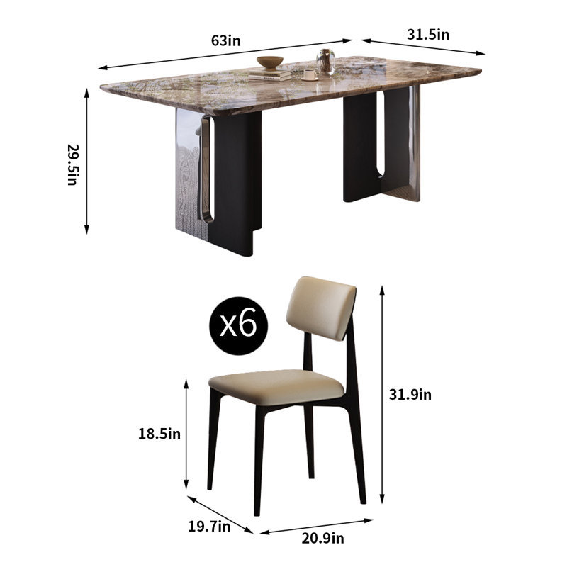 Simple Rectangular Natural Marble Dining Table Set, 29.5"H x 63"L x 31.5"W