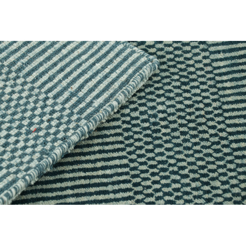 Rug & Kilim’S Modern Rug In Cream And Blue, With Stripes And Geometric Patterns, Rectangle 2' x 3'