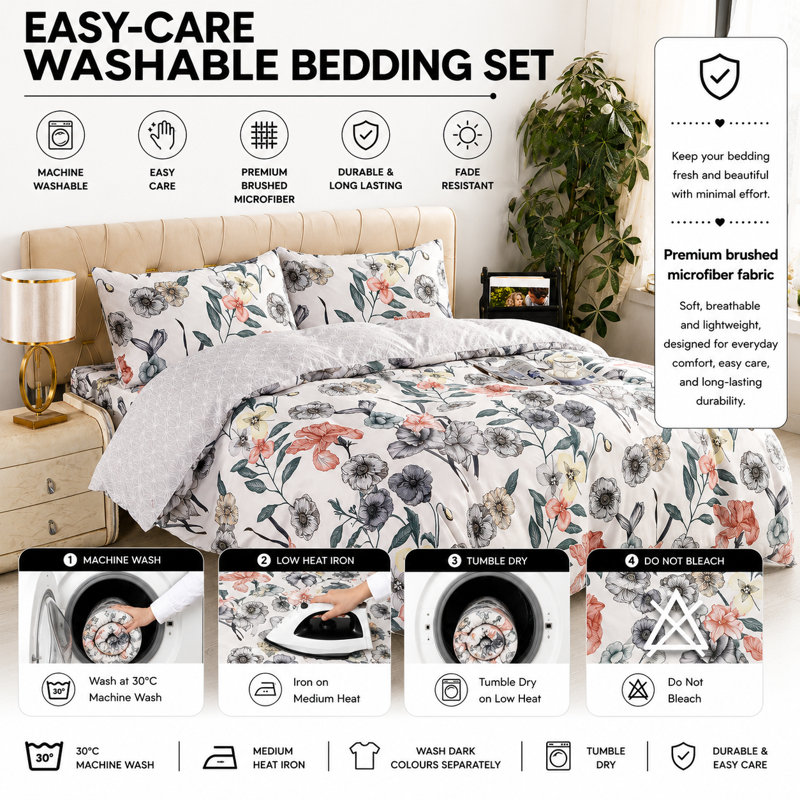 Complete Bedding Set Bliss Pink Floral Duvet Cover, Matching Fitted Sheet & Pillowcases