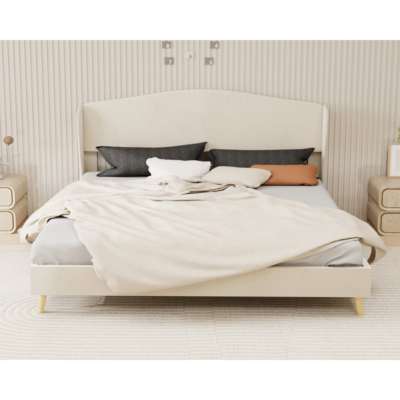 Lit luxueux rembourré en velours avec tête de lit capitonnée, structure robuste pour le confort et l'élégance, beige, Queen